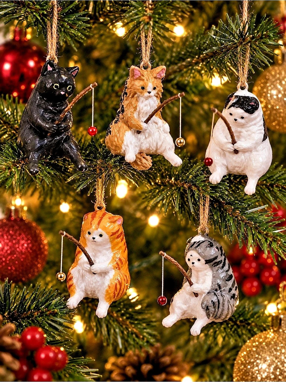 7 Yell Chubby Cats Fishing Day Cat Christmas Tree Ornaments Set